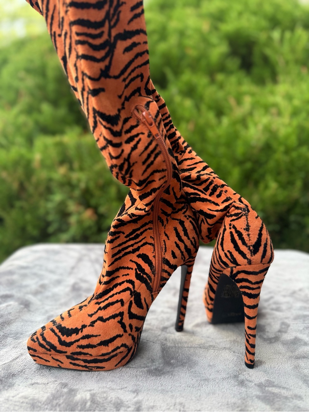 Tiger-Print Orange Over-the-Knee Stiletto Boots